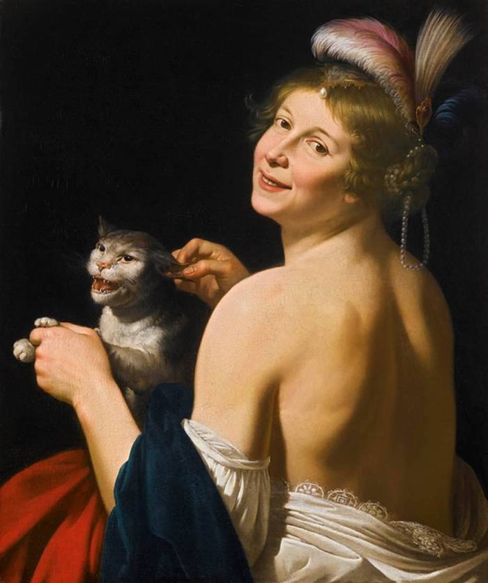 Jan van Bijlert, Young Woman Playing with a Cat, 1630--1635