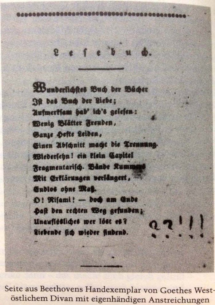 Seite aus Beethovens Handexemplar von Goethes West-östlichem Divan mit eigenhändigen Anstreichungen