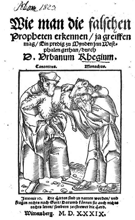 Werwölfe mit Schaf aus Dr. Urbanus Rhegius, Wie man die falschen Propheten erkennen, ja greiffen mag, Wittenberg 1539